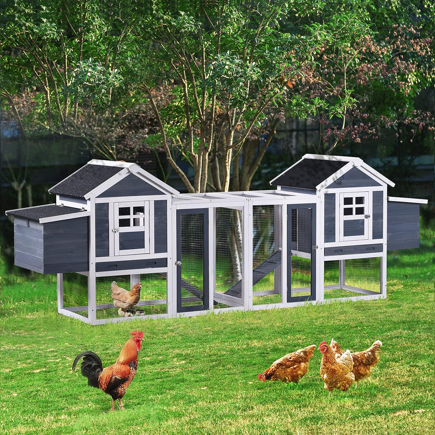 123.6" Chicken Coop Hen House Poultry Cage for 6 Chickens Wooden Rabbit Hutch Small Animal House with Nesting Boxes, 2 Run Play Area, Ramps
