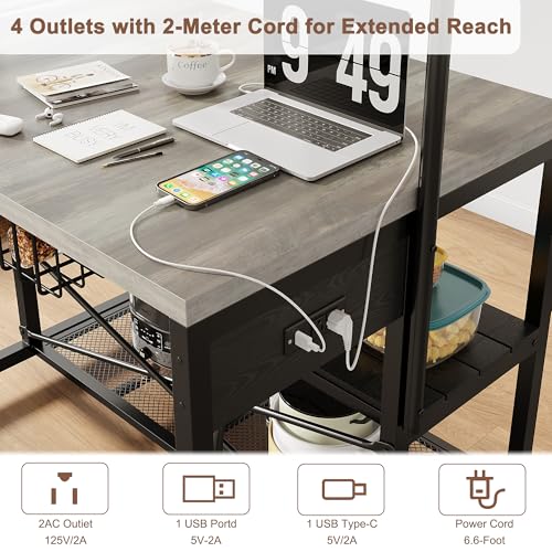 46" Large Kitchen Island Table Baker Rack with Power Outlet and 3-Tier Storage-Microwave Stand Oven Shelf, Metal Coffee Bar Table