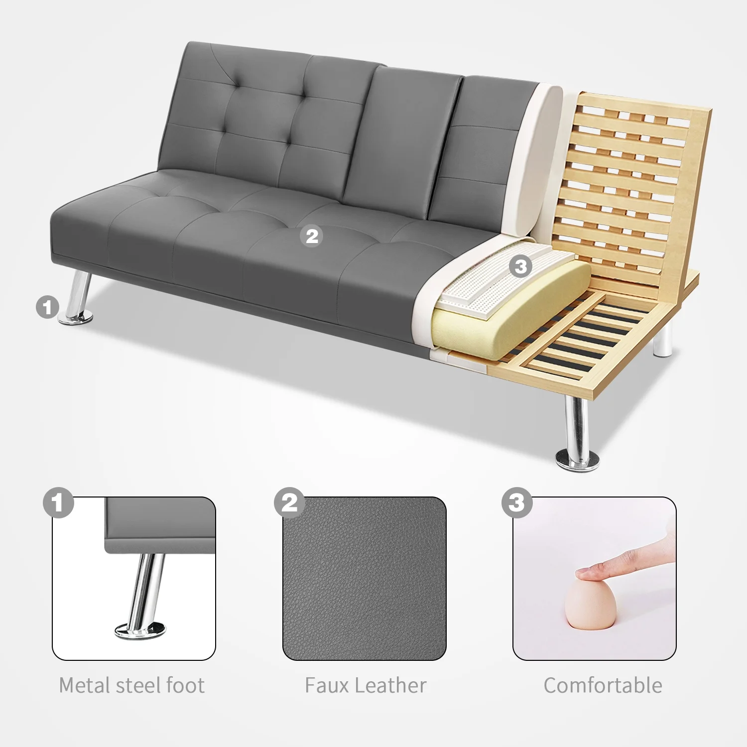Vineego Modern Faux Leather Couch Convertible Folding Futon Sofa Bed with 2 Cup Holders, Gray