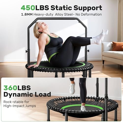 BCAN 450/550 LBS Foldable Mini Trampoline, 40"/48" Fitness Trampoline with Bungees, U Shape Adjustable Foam Handle