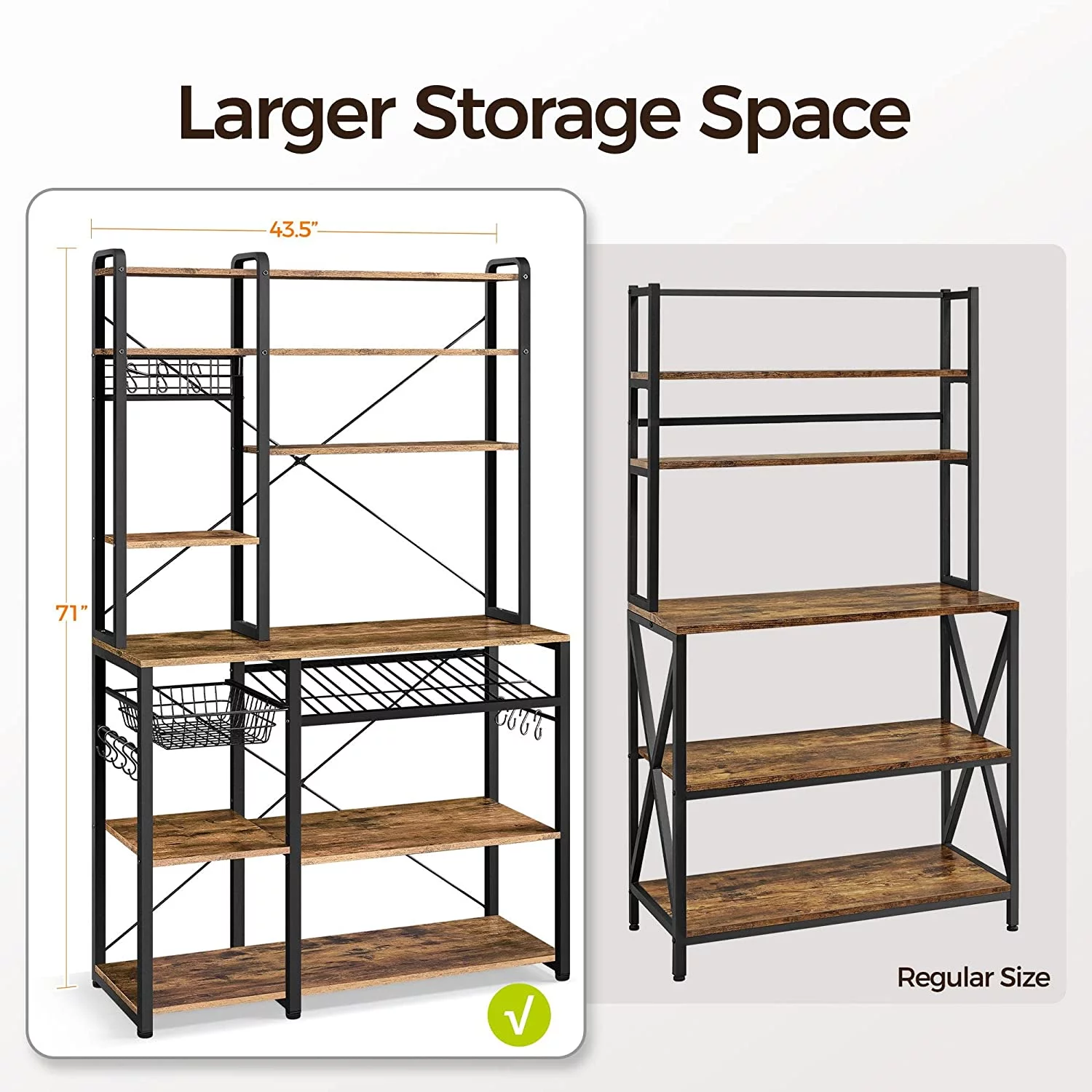 Kitchen Bakers Rack, Wooden Microwave Stand Kitchen Storage Shelf with Wine Rack and Wire Basket and 12 Hooks