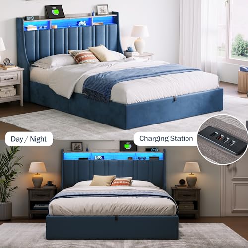 LINSY Lift Up Storage Bed Queen Bed Frame with Storage, Upholstered Bed Frames with Headboard