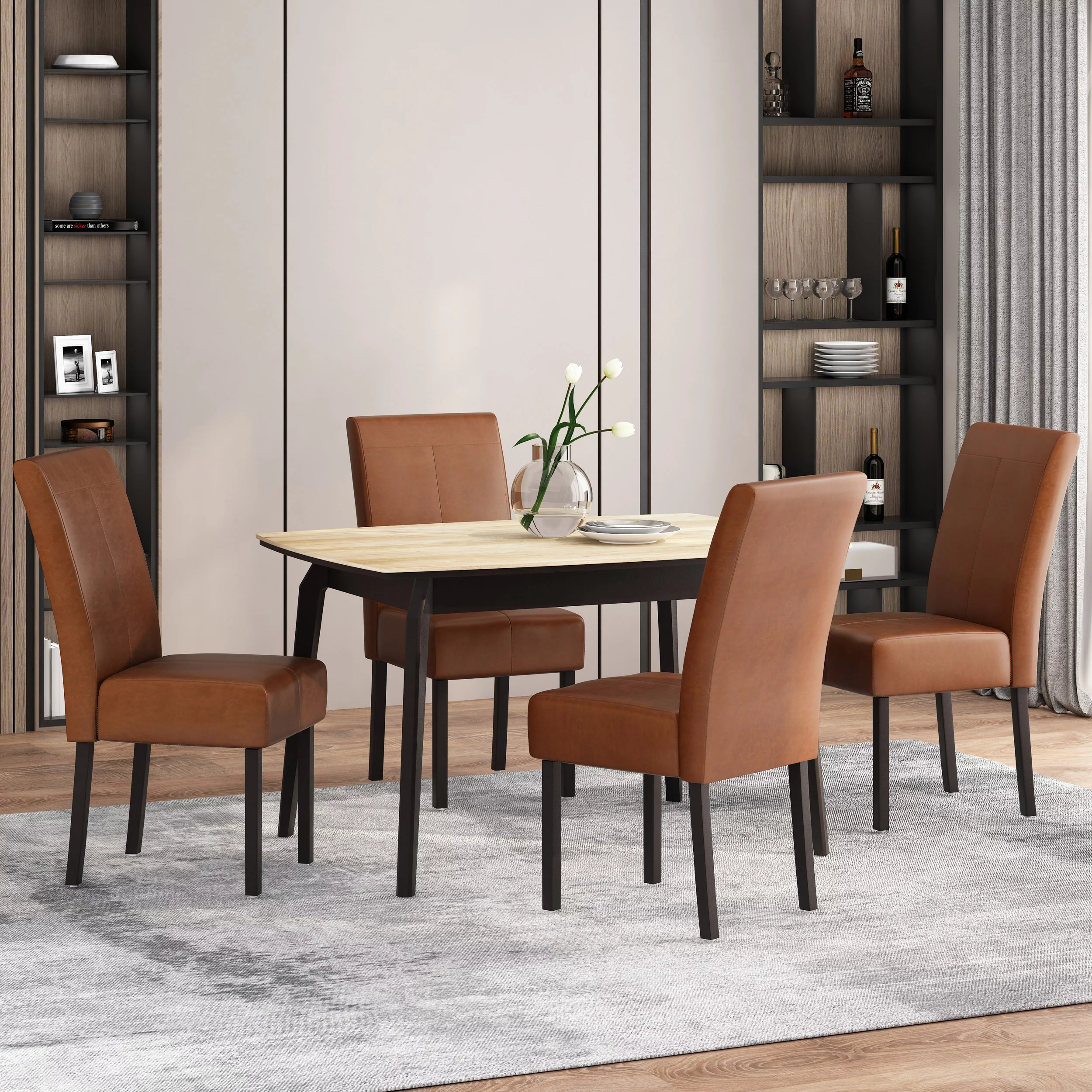 GDF Studio Percival Contemporary T-Stitch Dining Chairs, Set of 4, Cognac Brown Faux Leather and Espresso