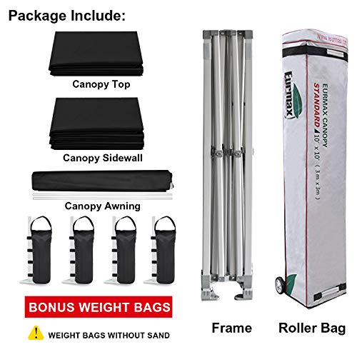 Eurmax USA 10 x 10 Pop up Canopy Commercial Tent Outdoor Party Canopies with 4 Removable Zippered Sidewalls and Roller Bag Bonus 4 Canopy Sand Bags &