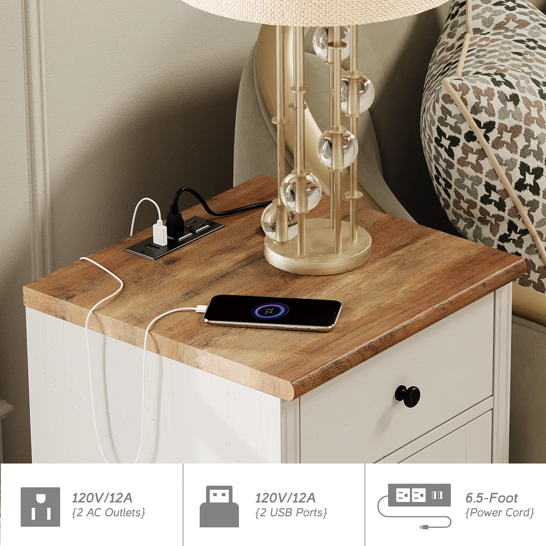 Set of 2 Nightstand with Charging Station, Bedside Table Built-in Outlets, Wood End Table with Drawer and Storage for Living Room, Bedroom,Off-White