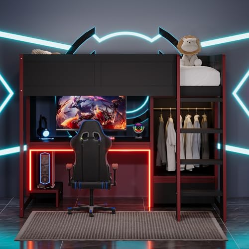 Modern Full Size Gaming Loft Bed with Built-in Desk and Storage Wardrobe, Wood Loft Bed Frame with Light Strip and 2 Drawers