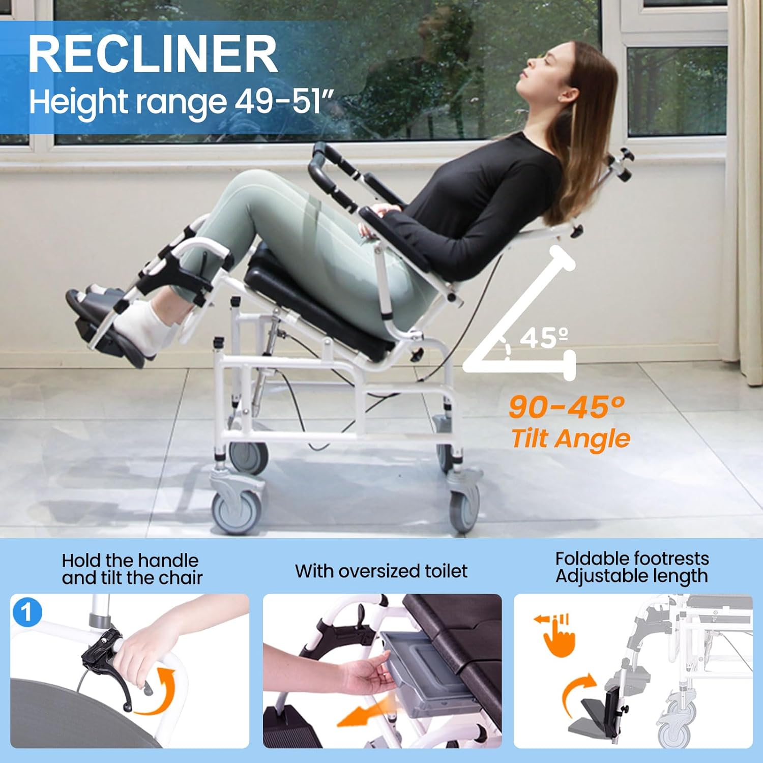Upgrade Cushion-Juiwere Shower Chair with Arms and Back,Reclining Shower Chair with Wheels,Tilt 45° Shower Wheelchair with Headrest