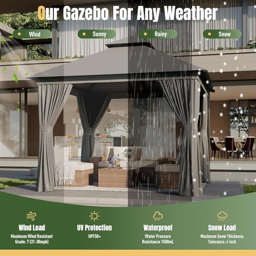 AOXUN Outdoor Gazebo for Patio 10x12, Metal Frame Canopy with Double Roofs