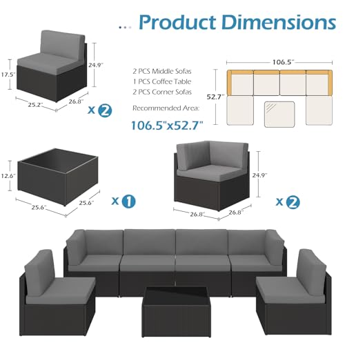 U-MAX 7 Piece Outdoor Patio Furniture Set, PE Rattan Outdoor Wicker Sectional Furniture Chair Set with Cushions and Tea Table