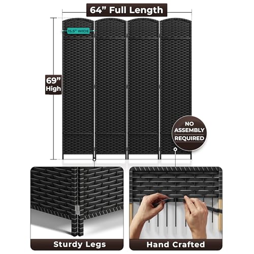 Sorbus 8-Panel Black Room Divider with Double Hinged Panels, 6 ft Tall Folding Privacy Screen
