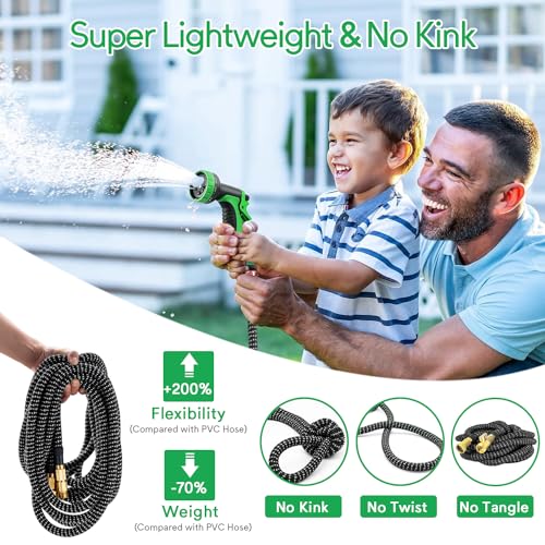 Expandable Garden Hose 100 ft, Upgraded Flexible Water Hose 100ft with 10 Function Spray Nozzle, 3/4" Leakpoof Solid Brass Fittings