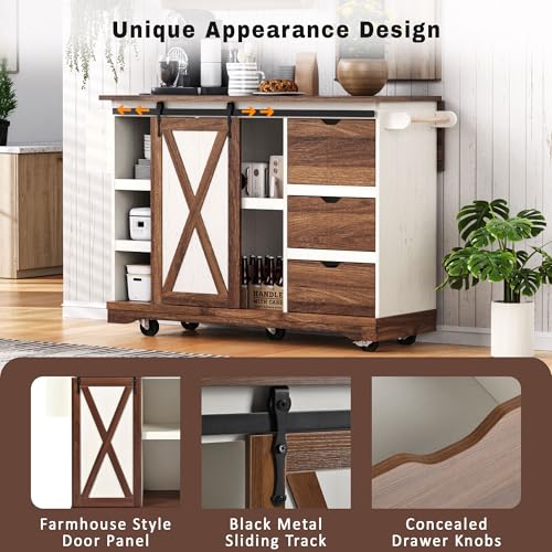 Farmhouse Kitchen Island with Power Outlet, Drop Leaf, Spice Rack and Drawer,Rolling Kitchen Cart on Wheels