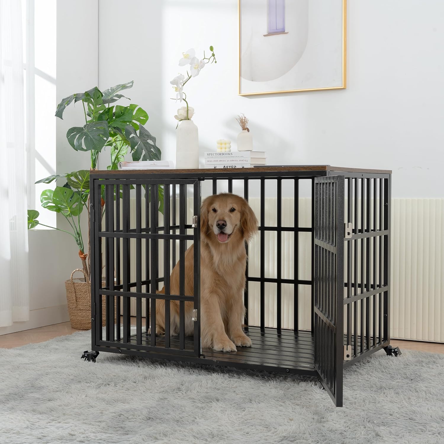 42" Heavy Duty Dog Crate for Large Medium Dogs, Furniture Style cage with 4 Lockable Wheels and 2 Locks