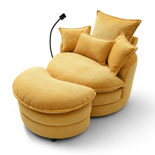 360 Swivel Accent Barrel Chair with Storage Ottoman & Headrest