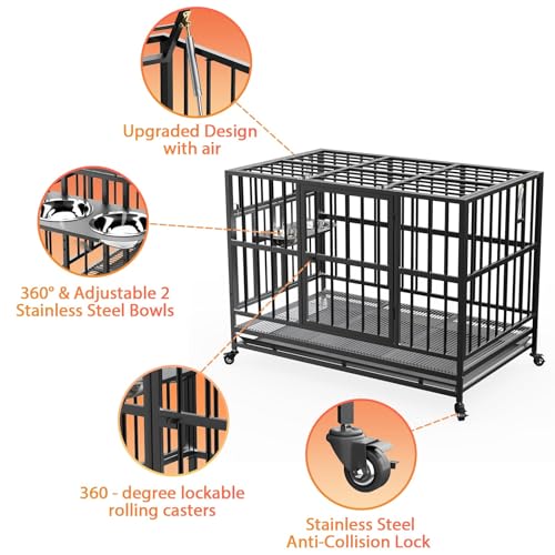 LOVMOR 48" Heavy-Duty Dog Crate with Wheels, Air-Lift Top, Dual 360° Adjustable Bowls – Ideal for Large Dogs