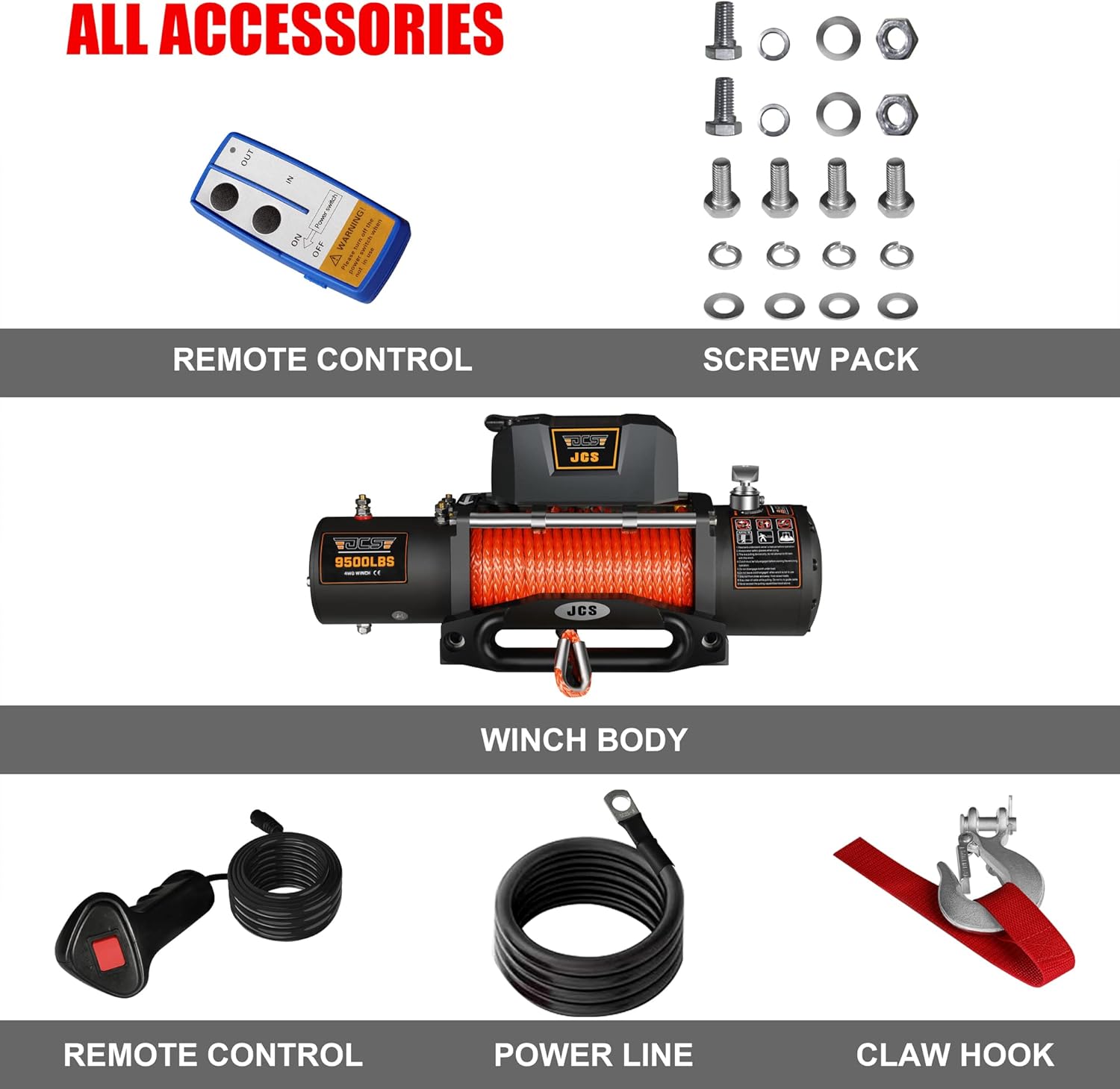 JCS 9500 lbs Electric Winch 12V Winch Synthetic Winch Rope Electric Winch Kit Winch Cover Waterproof Hawse Fairlead