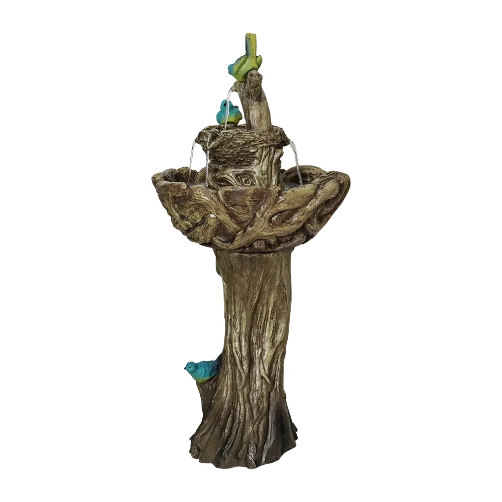 3-Tier Outdoor Water Fountain Bird Bath Patio Fountain Outdoor Stump Like Waterfall Fountain with Birds Decor Freestanding Patio Water Fountain Pump