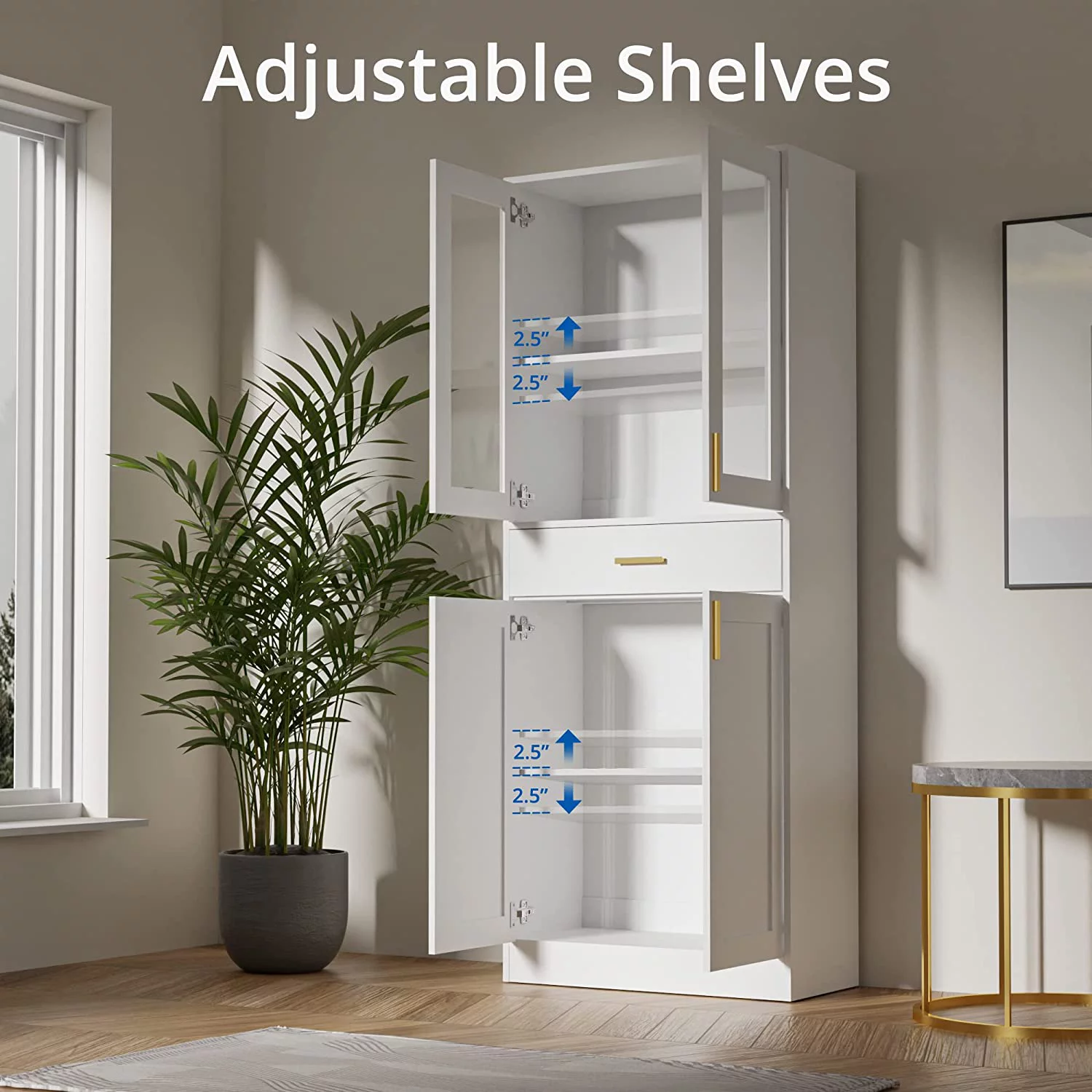 Cozy Castle 70" Tall White Display Cabinet, Pantry Cabinet with Acrylic Glass Doors and Drawer, China Cabinet, Office Storage Cabinet, Bookcase
