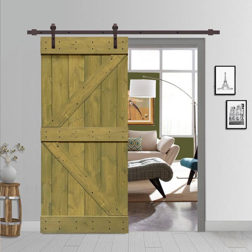 CALHOME K Series 42 in. x 84 in. Pre-Assembled Jungle Green Stained Wood Interior Sliding Barn Door with Hardware Kit