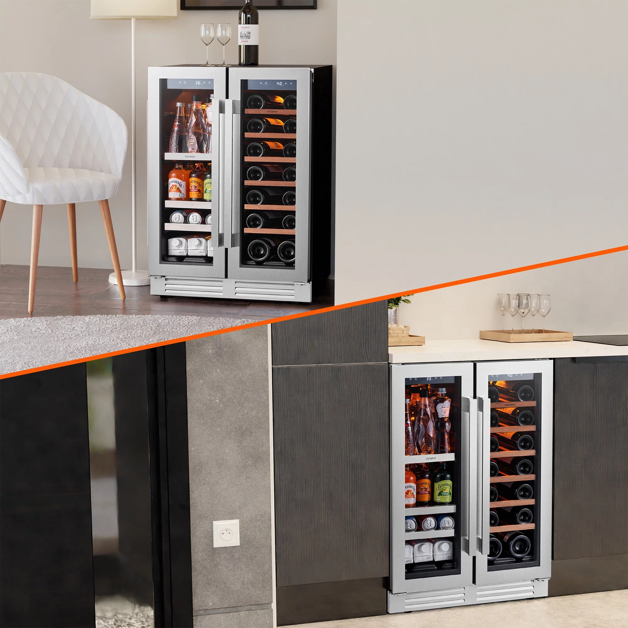 Ca'Lefort 24 inch Wine Cooler Beverage Refrigerator, Hold 60 Cans and 20 Bottles Dual Zone Wine Fridge with Stainless Steel French Door