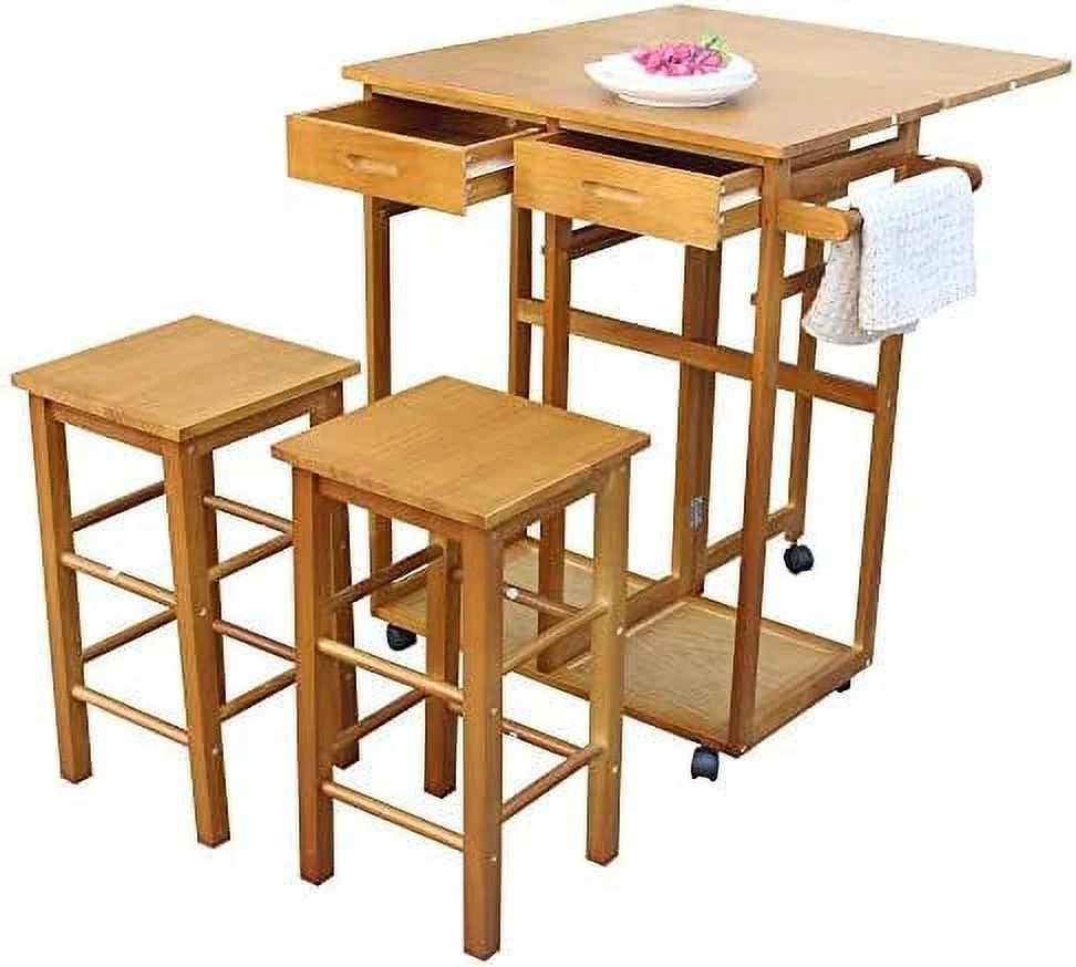HJZBNONE 3 Piece Drop Leaf Dining Tables for Small Spaces  Small Rolling Dining Table Set for 2 with 2 Drawers  Space Saving Dining Table with 2