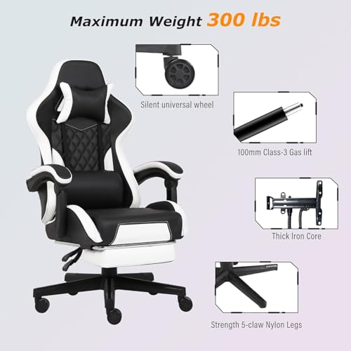 Gaming Chair, Computer Office Chair with Footrest, Linkage Armrests and Lumbar Support, High Back Ergonomic Gamer Chairs for Adults, Blue Fabric