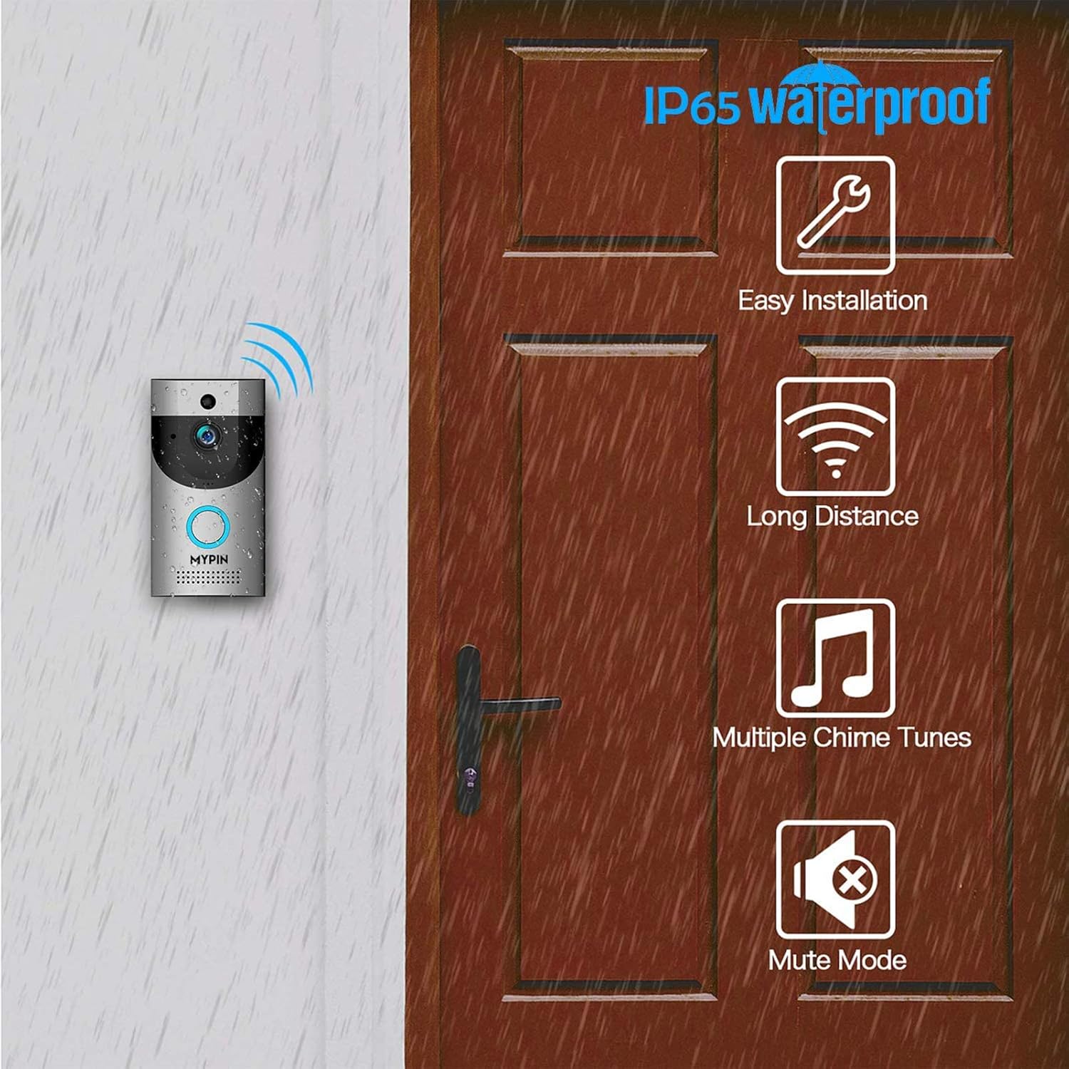 Wireless Doorbell Camera, Waterproof WiFi Doorbell Security Camera with Chime, Cloud Storage, Two-Way Talk, PIR Motion Detection