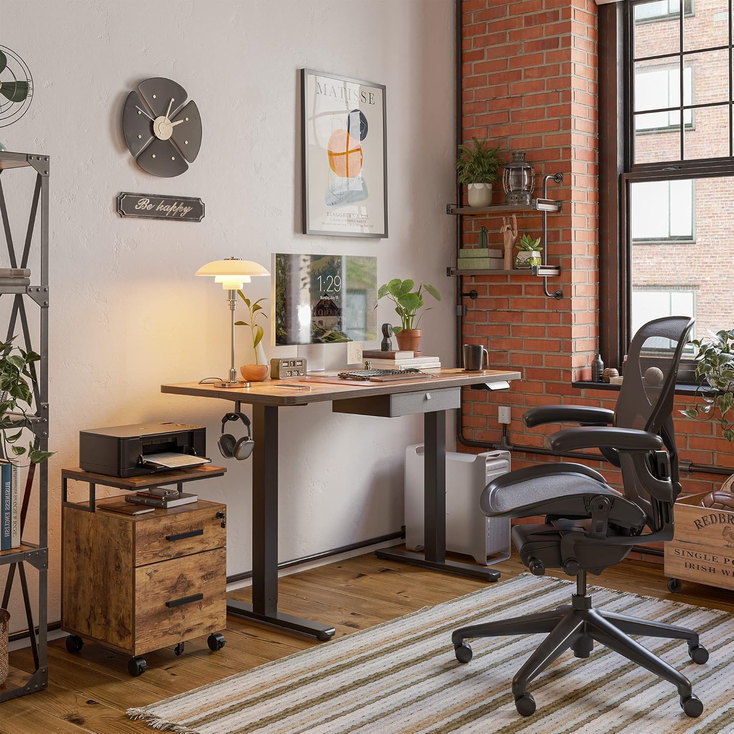 FEZIBO 55"x24" Height Adjustable Electric Standing Desk with Double Drawer 2-Drawer File Cabinet with Lock for Home Office, Rolling Filing Cabinet