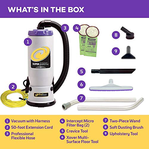 ProTeam Vacuum Backpack, Super QuarterVac HEPA Commercial Backpack Vacuum Cleaner with Small Business Kit, 6 Quart - Corded
