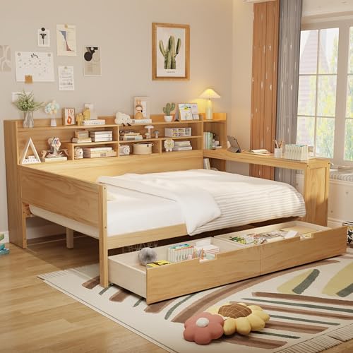 Corner Twin Bed Frame with Bookcase Storage and Desk, Wood Day Beds with 2 Drawers, Twin Size Daybed with Storage for Living Room