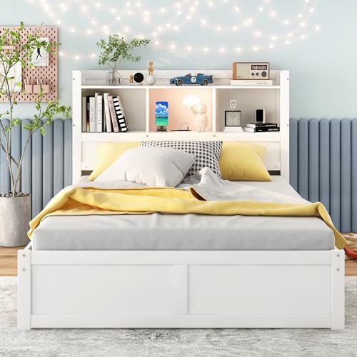 Full Size Storage Bed with Bookcase Headboard and Trundle, Wood Platform Bed Frame with Charging Station