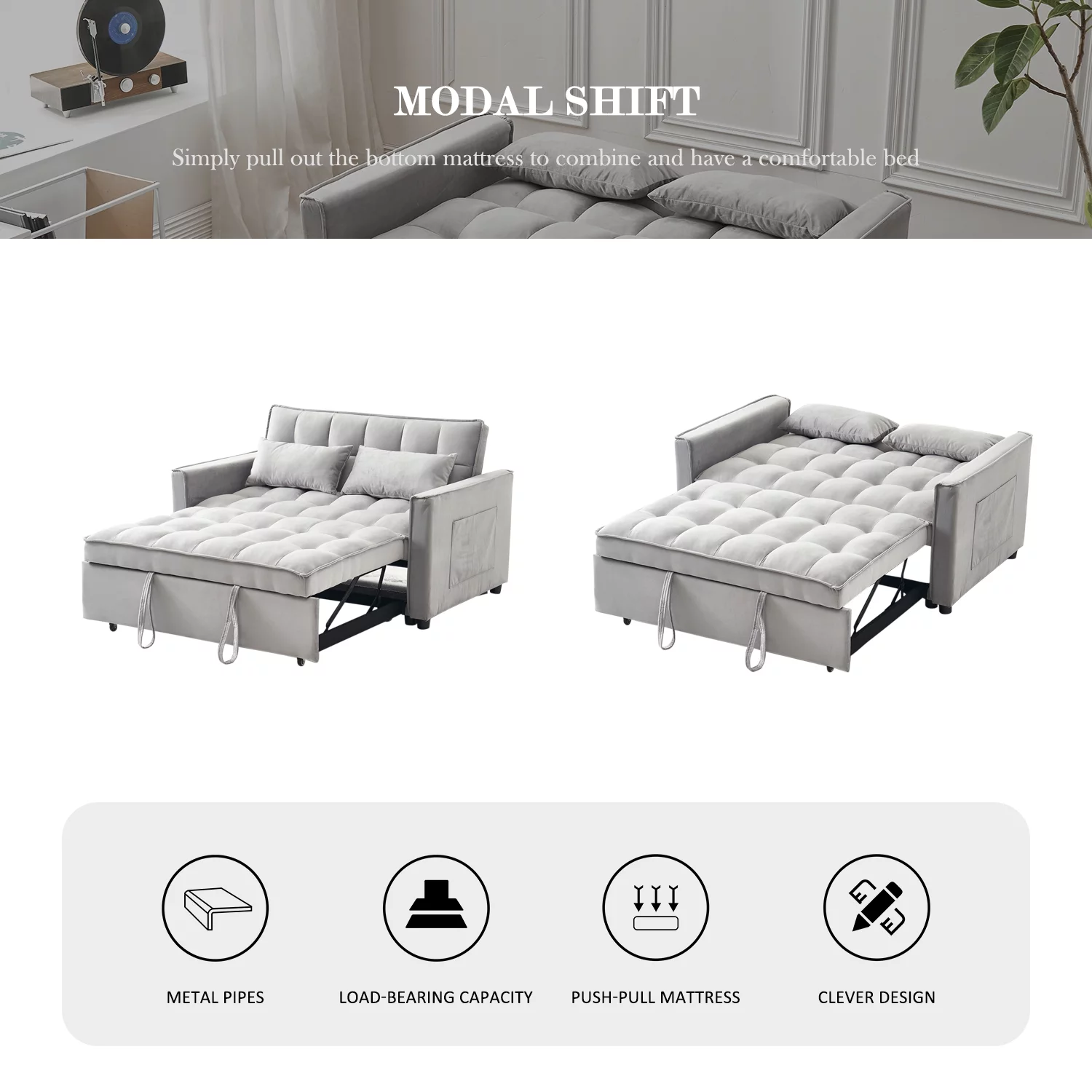 Tzicr 55.5'' 3-in-1 Convertible Sleeper Sofa Bed, Modern Velvet Loveseat Futon Couch Pullout Bed with Adjustable Backrest