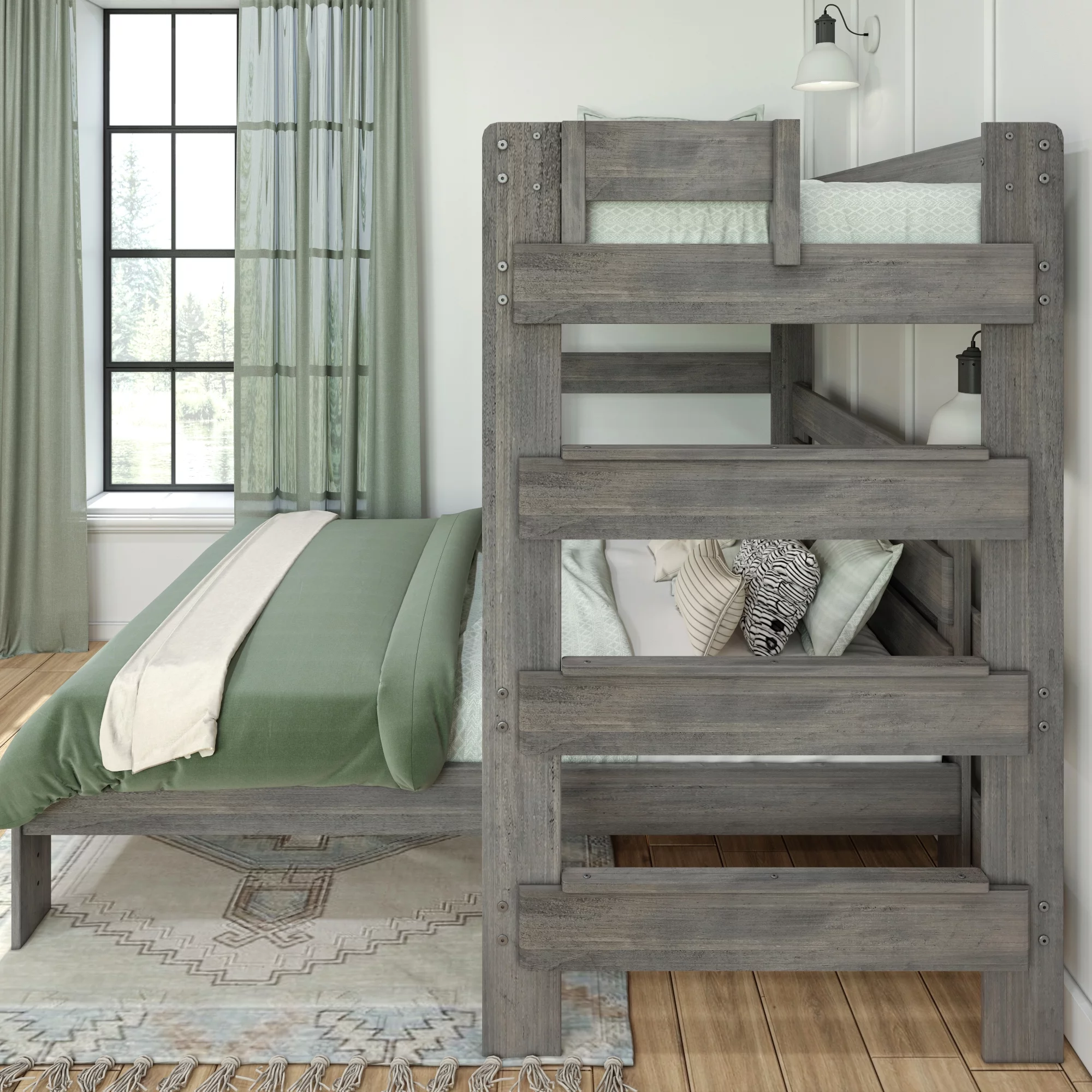 Max & Lily Solid Wood Loft Bed, Modern Farmhouse L-Shaped Twin over Queen Bed Frame for Kids, Driftwood