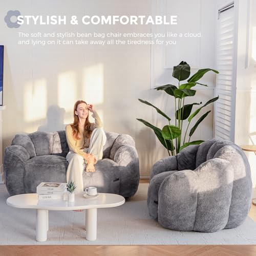 MAXYOYO Bean Bag Chair for Adults, Floral Shaped Bean Bag Sofa, Ultra Soft Faux Fur Floor Sofa, Large Reading Chair for Living Room Bedroom, Beige