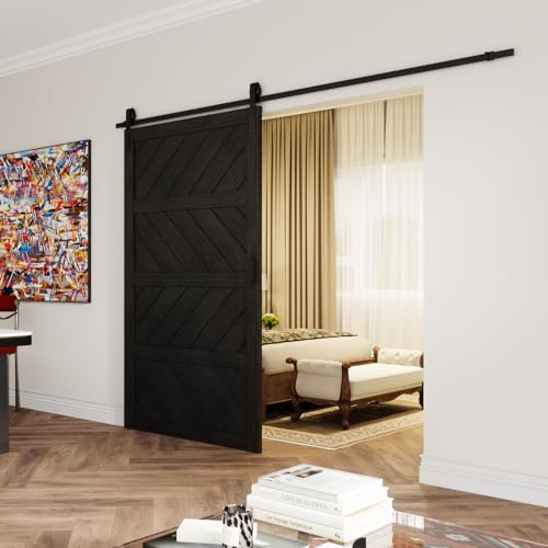 Sliding Barn Door 30”x84”, Black Barn Doors with Modern Paneled Wave Design, Complete Barn Door Set, Waterproof PVC Surface