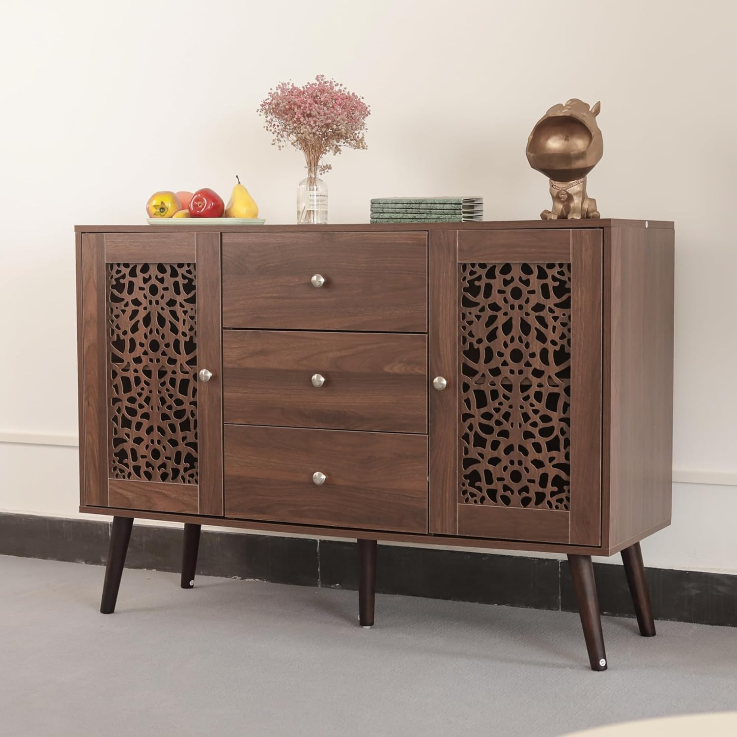 Hollow-Carved Accent Cabinet,Wood Coffee Bar Cabinet with 3 Drawers & 2 Doors, Adjustable Shelf,Retro Sideboard Buffet Cabinet for Dinning Room
