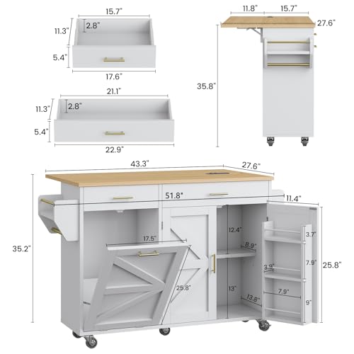 51.8" Kitchen Island Cart with Trash Can Storage, Kitchen Island on Wheels with Power Outlet & Drop Leaf