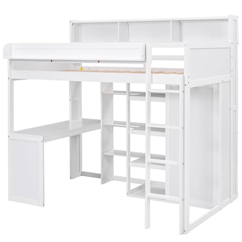 Twin Size Loft Bed with Desk, Multiple Storage Shelves and Wardrobe
