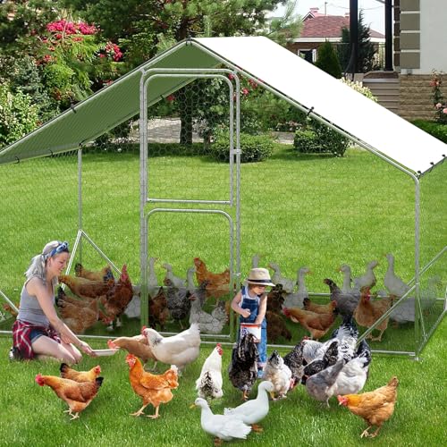 Garvee Large Metal Chicken Coop, Chicken Run with Cover, Large Chicken Run with Double Door, Walk in Chicken Pen for Outdoor Farm Yard (6.6'