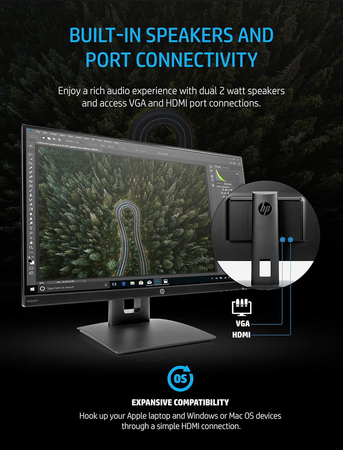 HP VH240a 23.8-Inch Full HD 1080p IPS LED Monitor with Built-In Speakers and VESA Mounting, Rotating Portrait & Landscape, Tilt
