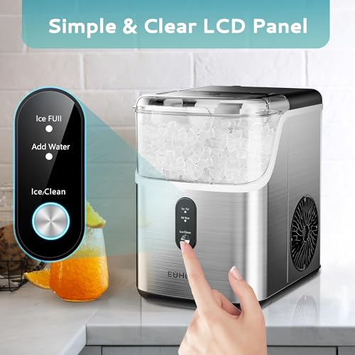 EUHOMY Nugget Ice Makers Countertop, Pebble Ice Maker Machine with 35lbs/24H Soft Ice, Self-Cleaning Sonic Ice Maker with Ice Scoop&Basket