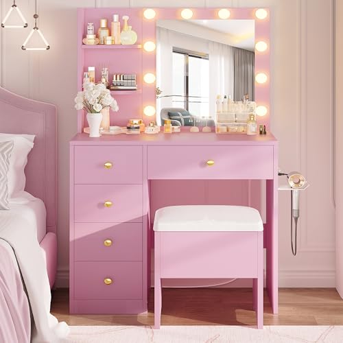 IRONCK Vanity Desk with Mirror and Lights, Small Makeup Vanity Table with 5 Drawers, Power Outlet, and Vanity Stool, 3 Lighting Colors