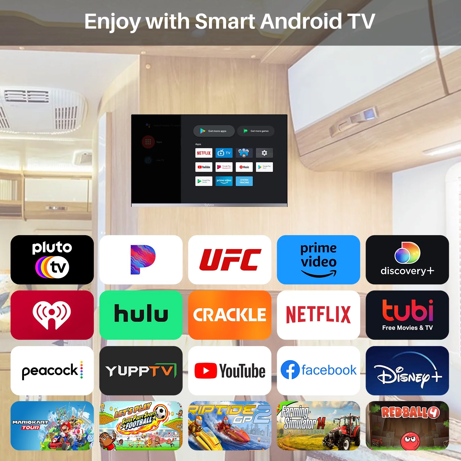 SYLVOX Smart RV TV, 24 inch TV with Built-in DVD Player, 12 Volt TV for RV Camper, 1080P FHD Android TV Free Download APPs, Support WiFi Bluetooth