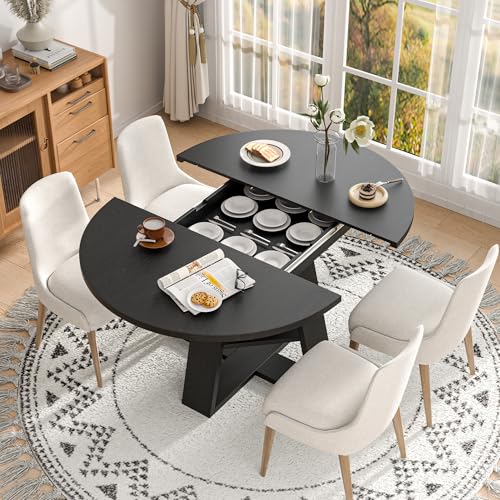 43.3in-59in Extendable Round Dining Table for 4-8,Modern Kitchen Oval Dining Table with Removable Leaves Space Saving