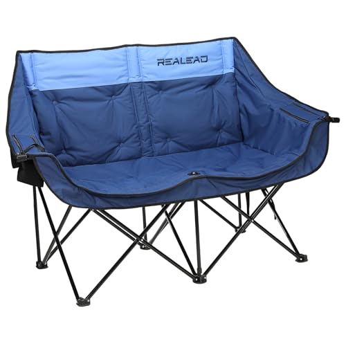 REALEAD Heated Double Camping Chair, 3 Heat Levels and 4 Heating Zones, Portable Heated Loveseat Chair for Outdoor Sports Support 650lbs