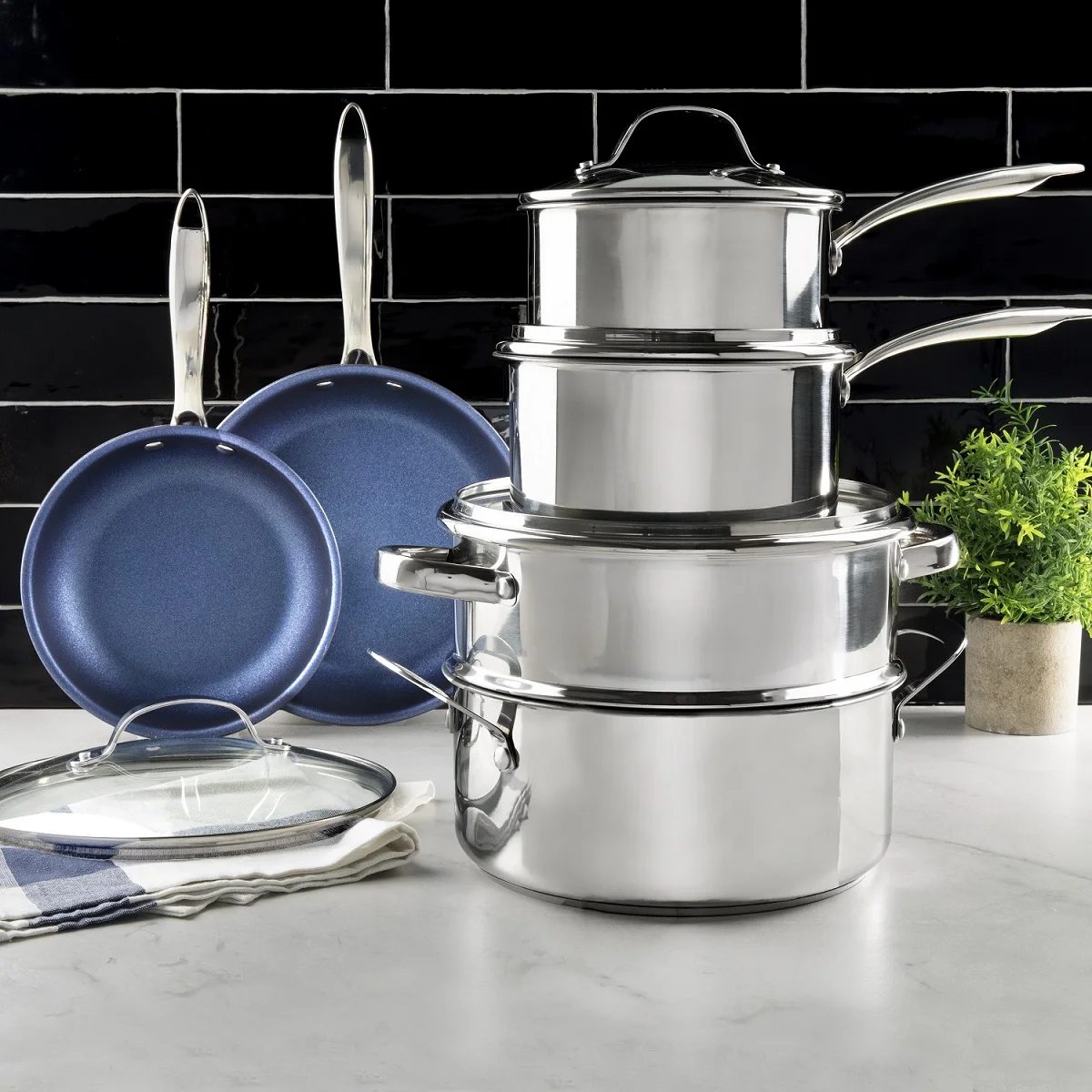 Granitestone Pro Stainless-Steel Pots & Pans Set Nonstick, Tri-Ply Base, 10 Piece Blue Nonstick Cookware Set includes Frying Pans