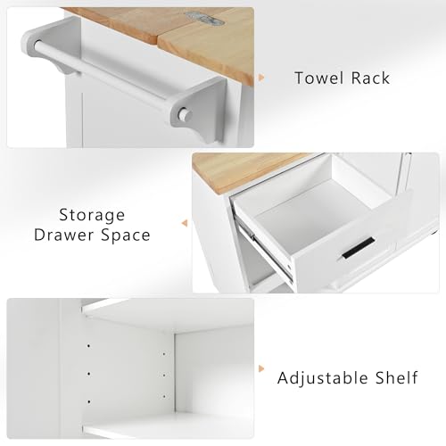 55.7'' Large Kitchen Island with 2 Drop Leaf, Rolling Kitchen Cart on 5 Wheels with Power Outlet