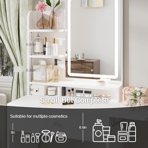Haewon White Makeup Vanity Desk with Mirror and Lights, Vanity Table Set with Charging Station, Drawer, Storage Chair and Shelves