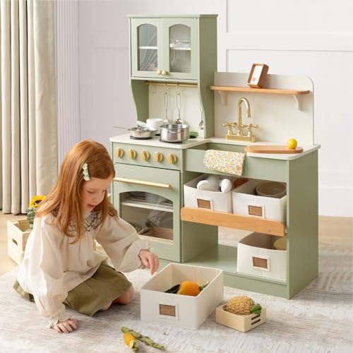 Tiny Land Play Kitchen for Kids with Enhanced Storage – Modern Toddler Kitchen Playset with Stove, Sink & Accessories, Organized Wooden Toy Kitchen