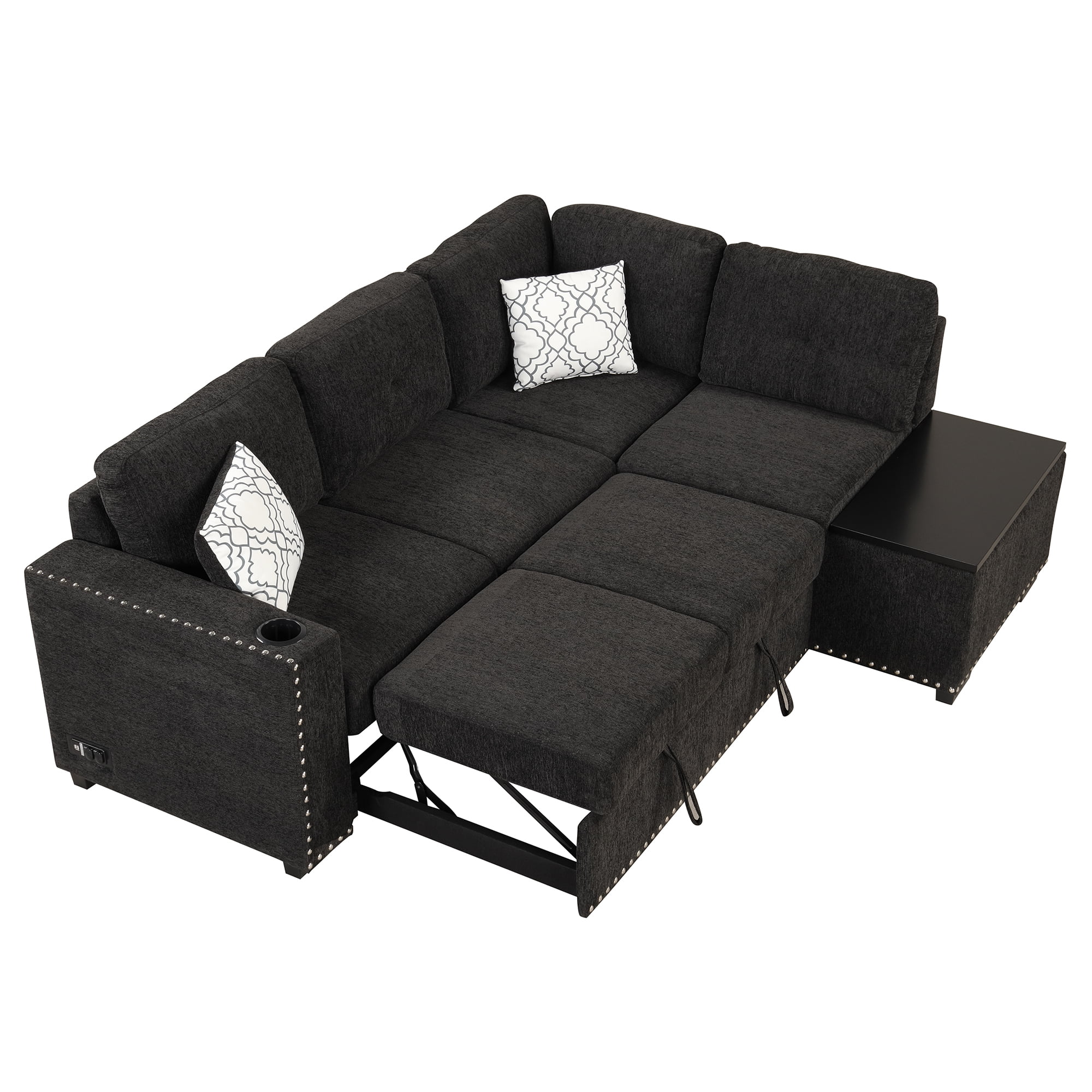 Reversible Sectional Pull-Out Sofa Bed L-Shaped Corner with Storage Chaise, Black